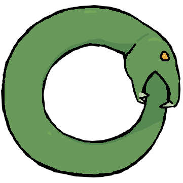 a thick light green snake with orange eyes in a circle, biting its own tail.